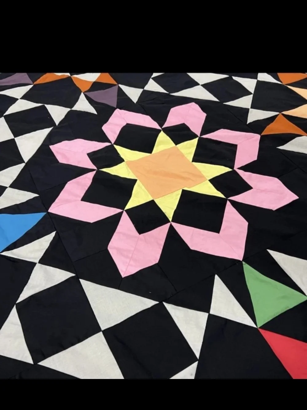 Classic Patchwork Floral Jewel Quilt Top in Black And Multicolor. Queen